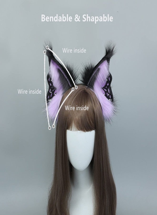 Fxaelian Cosplay Animal Purple Butterfly Fairy Fox Wolf Cat Dog Ears Headband Hairband Halloween Costume Party Headpiece Headwear Hair Accessories Fluffy Faux Fur - Image 5
